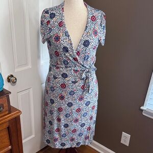 Boden Blue, White & Pink Floral Wrap Midi Dress